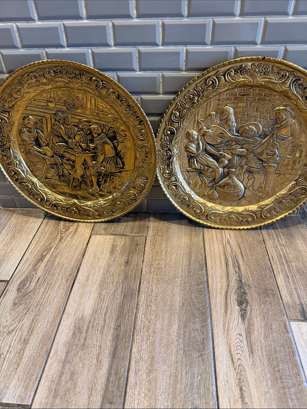 Vintage Ornate Brass Decorative Wall Plates - Pair